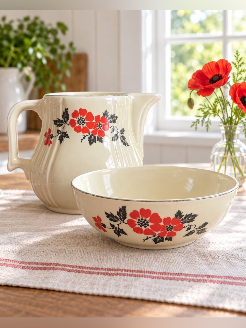 Hall’s Red Poppy Pitcher and Serving Bowl Set, USA Ceramic Kitchenware